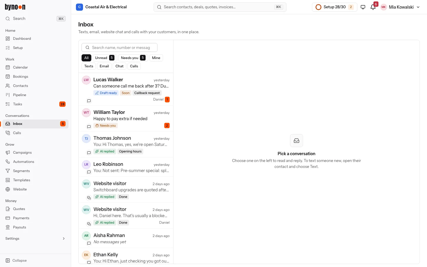 The bynoon CRM inbox, with texts, email, chat and calls together