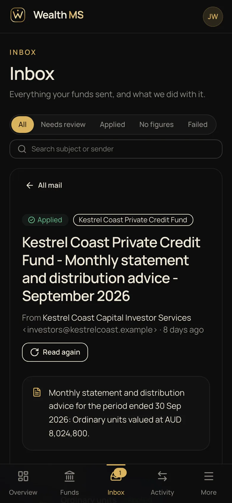 A statement from a fund on a phone